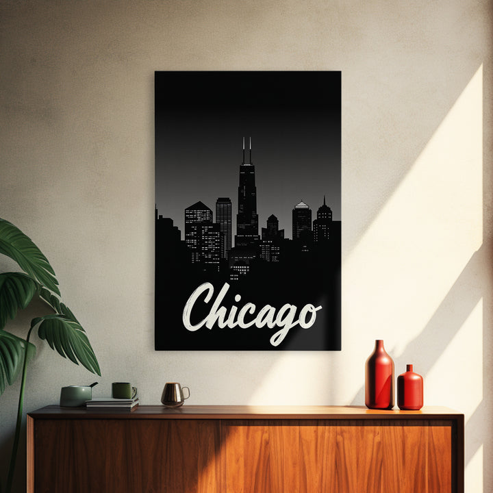 Chicago Travel Poster, Framed Canvas Print, Black And White Travel Art, Chicago City Art, City Illustration, Living Room Wall Art
