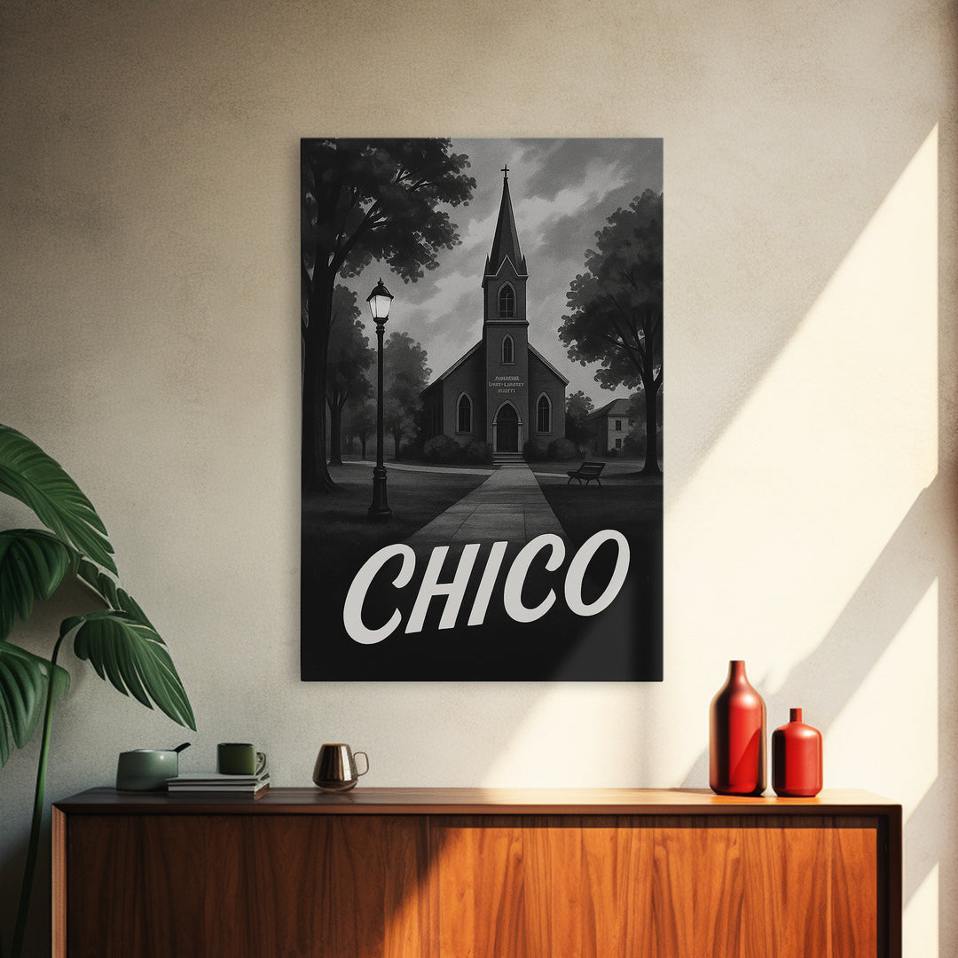 Chico Travel Poster, Canvas Print, Dark Moody City Wall Art, Chico Travel Art, City Travel Prints, Eclectic Wall Decor, Travel Wall Art