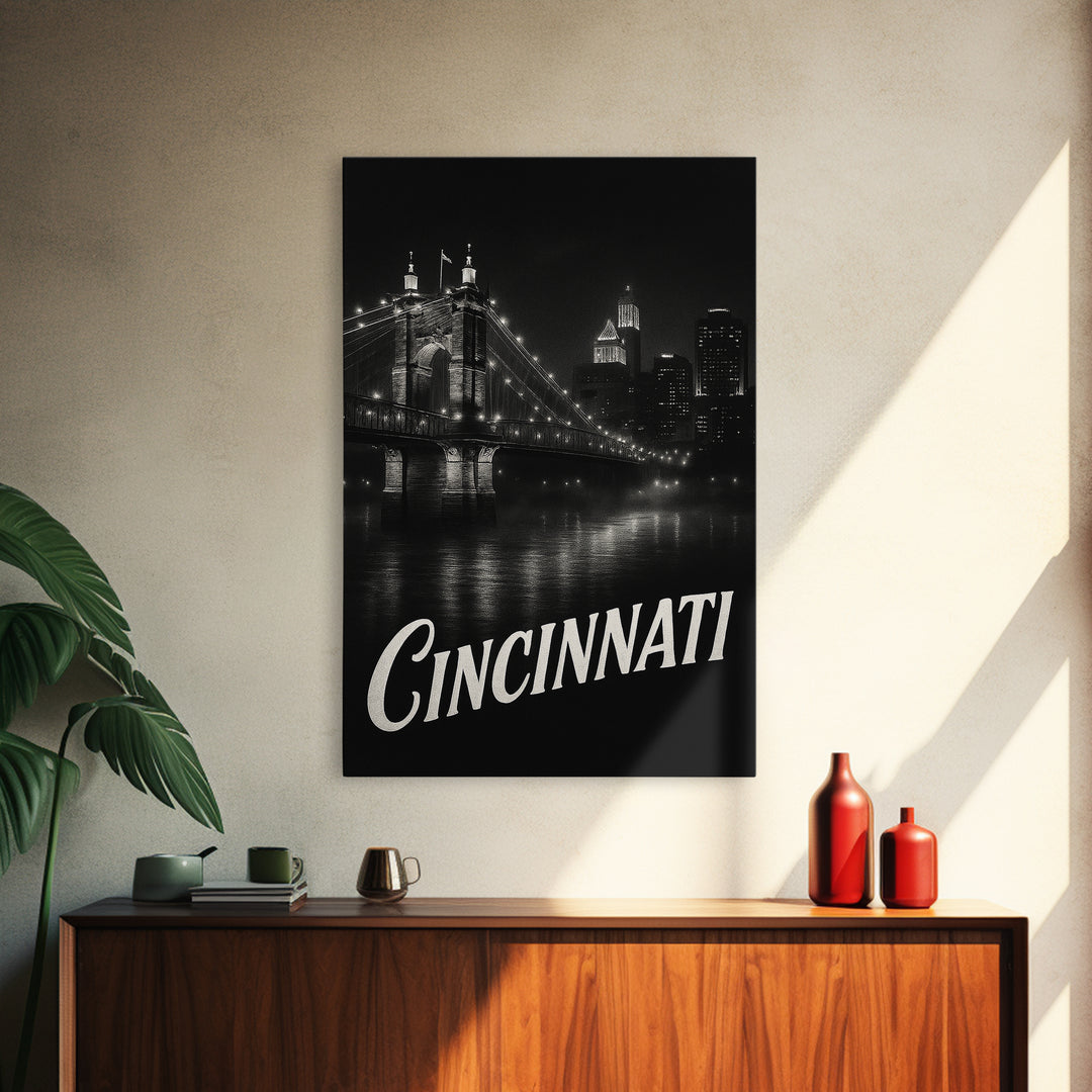 Cincinnati Ohio Travel Poster, Canvas Print, Black And White Travel Art, Cincinnati City Art, Travel Poster Art, City Art Print, Art Print