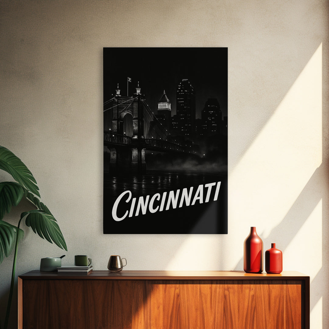 Cincinnati Travel Poster, Framed Canvas Print, Black And White Travel Art, Cincinnati Wall Art, Fine Art Print, Travel Poster Set