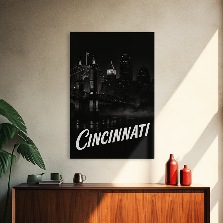 Cincinnati Travel Poster, Framed Canvas Print, Black And White Travel Art, Cincinnati Wall Art, Fine Art Print, Travel Poster Set
