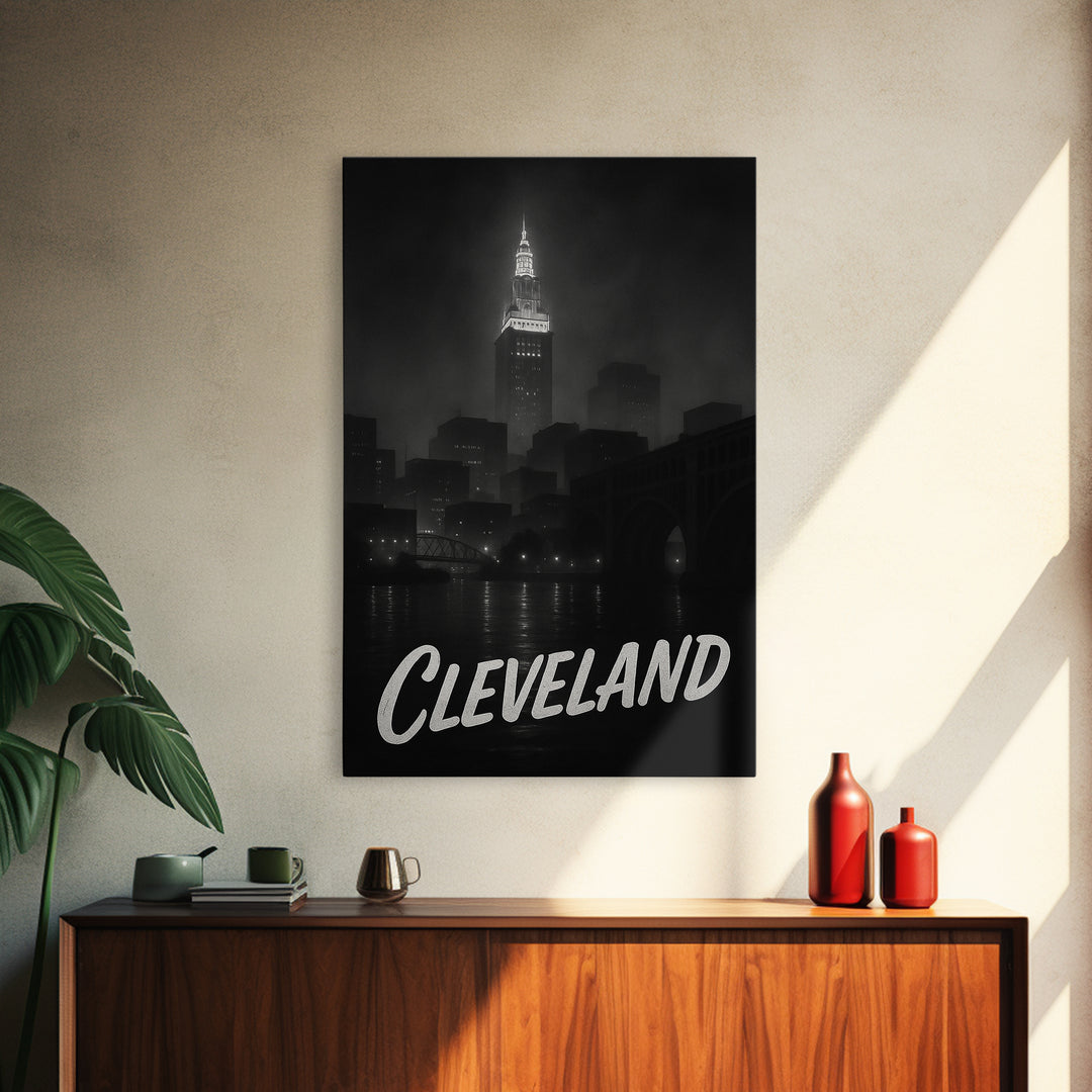 Cleveland Ohio Travel Poster, Framed Canvas Print, Dark Moody City Wall Art, Cleveland Travel Art, Travel Wall Decor, City Travel Prints