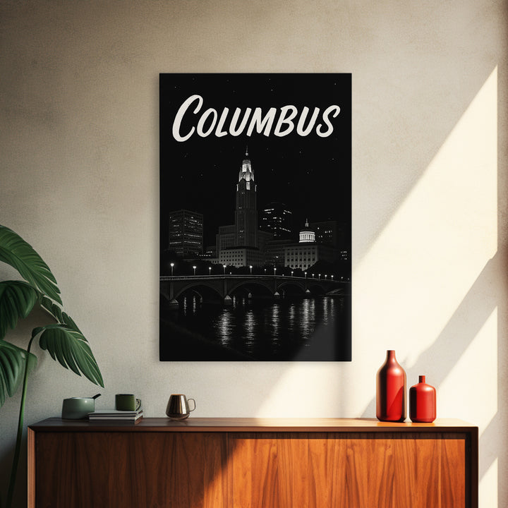 Columbus Travel Poster, Framed Canvas Print, Dark Moody City Wall Art, Columbus Travel Art, Travel Poster Art, Travel Poster Set