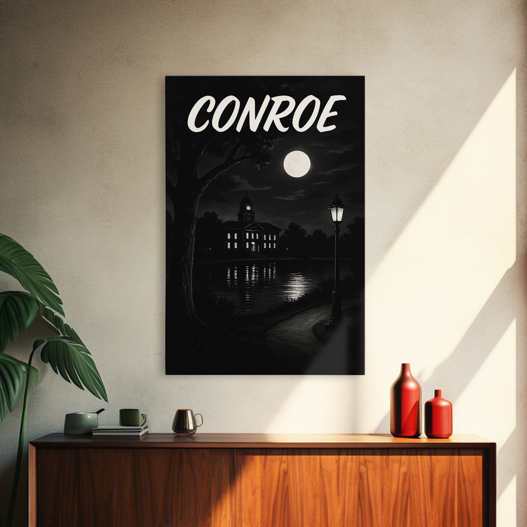 Conroe Travel Poster, Canvas Print, Dark Moody City Wall Art, Conroe Travel Art, Travel Art Print, City Illustration, Vintage Travel Print