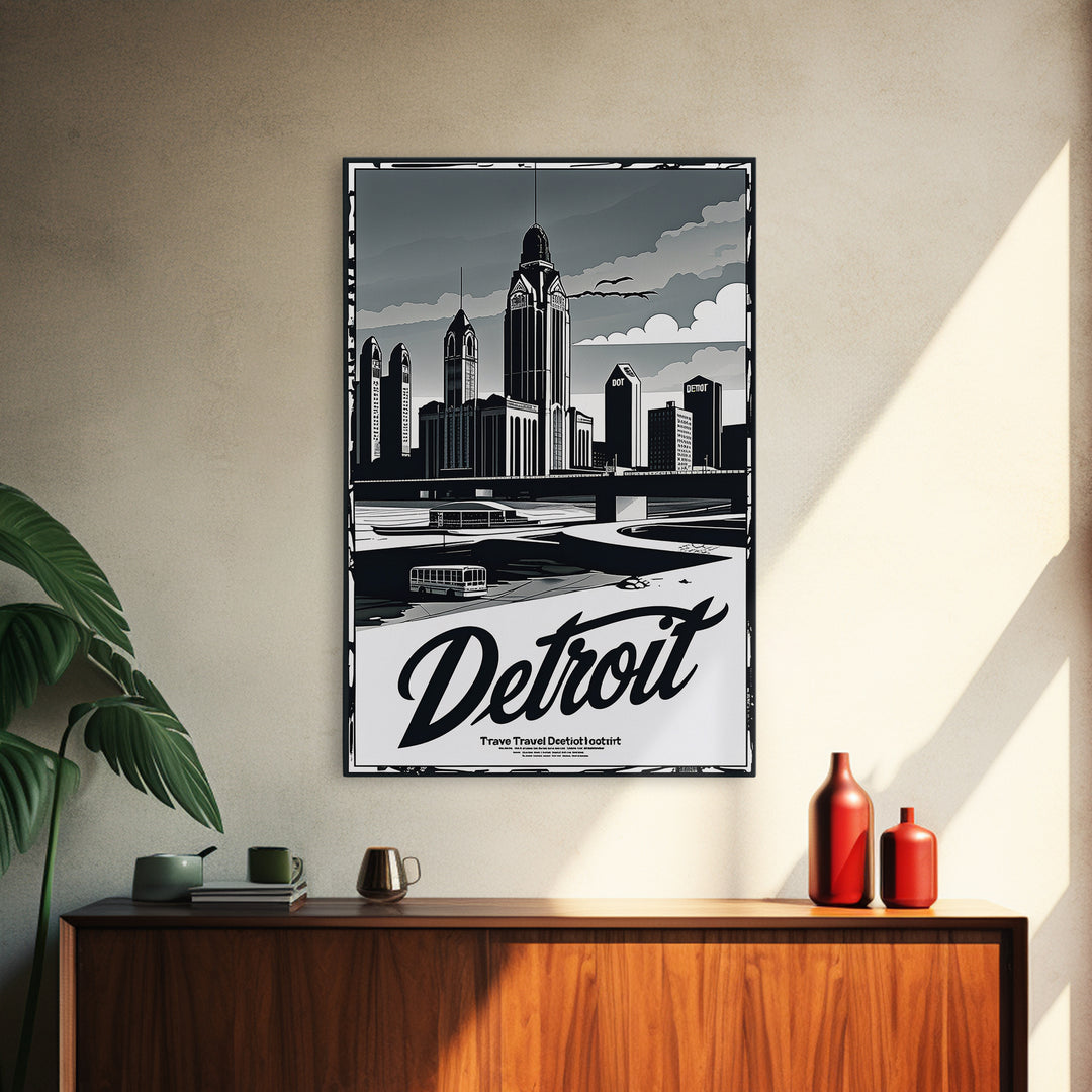Detroit Travel Poster, Canvas Print, Dark Moody City Wall Art, Detroit Travel Art, Home Office Decor, Modern Wall Decor, Gift For Travelers