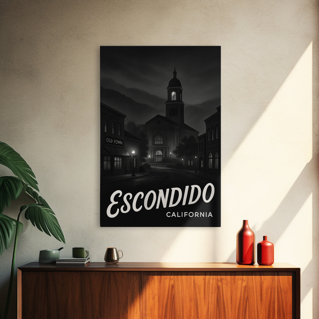 Escondido California Travel Poster, Canvas Print, Dark Moody City Wall Art, Escondido Art Print, Watercolor Urban Skyline, Travel Print