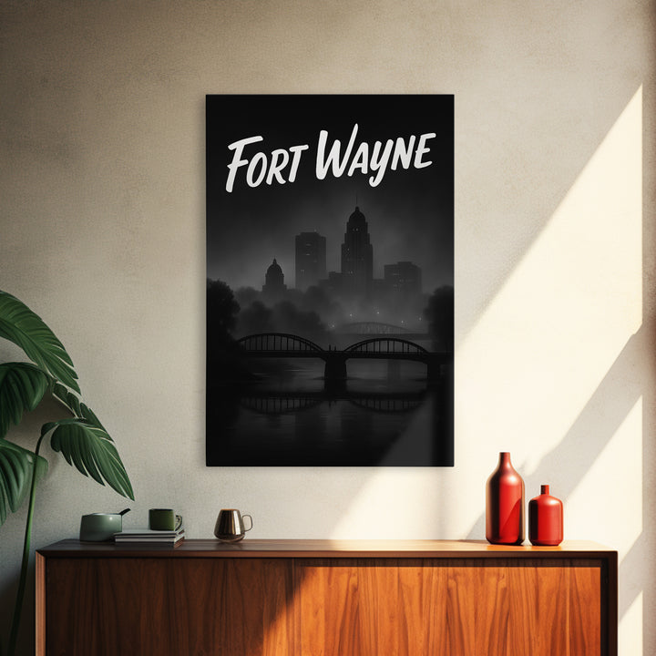 Fort Wayne Travel Poster, Canvas Print, Night Street Poster Art, Fort Wayne Wall Art, City Illustration, Living Room Wall Art, Design 2
