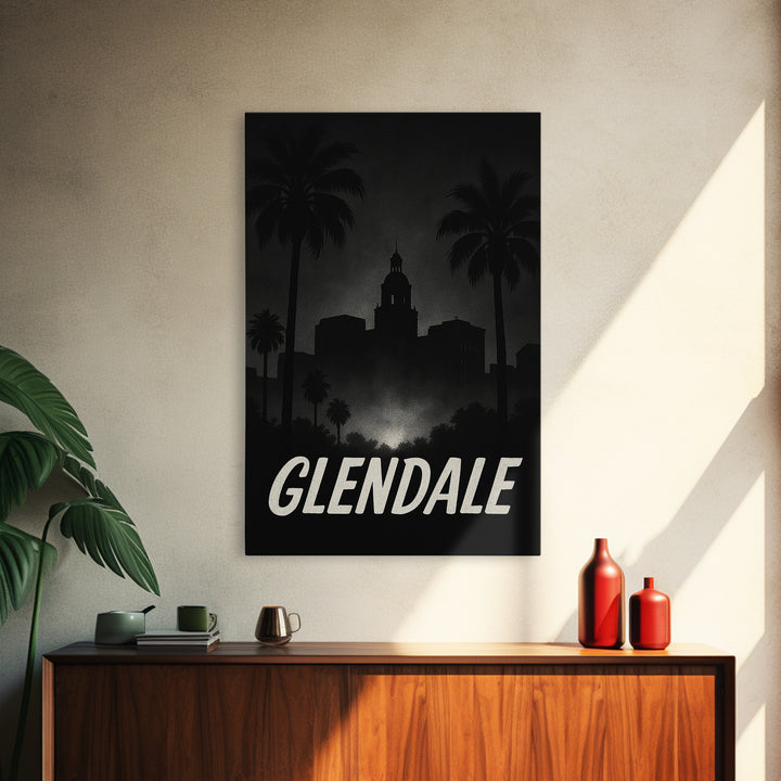 Glendale Travel Poster, Framed Canvas Print, Night Street Poster Art, Glendale Poster Print, Watercolor Skyline, City Illustration