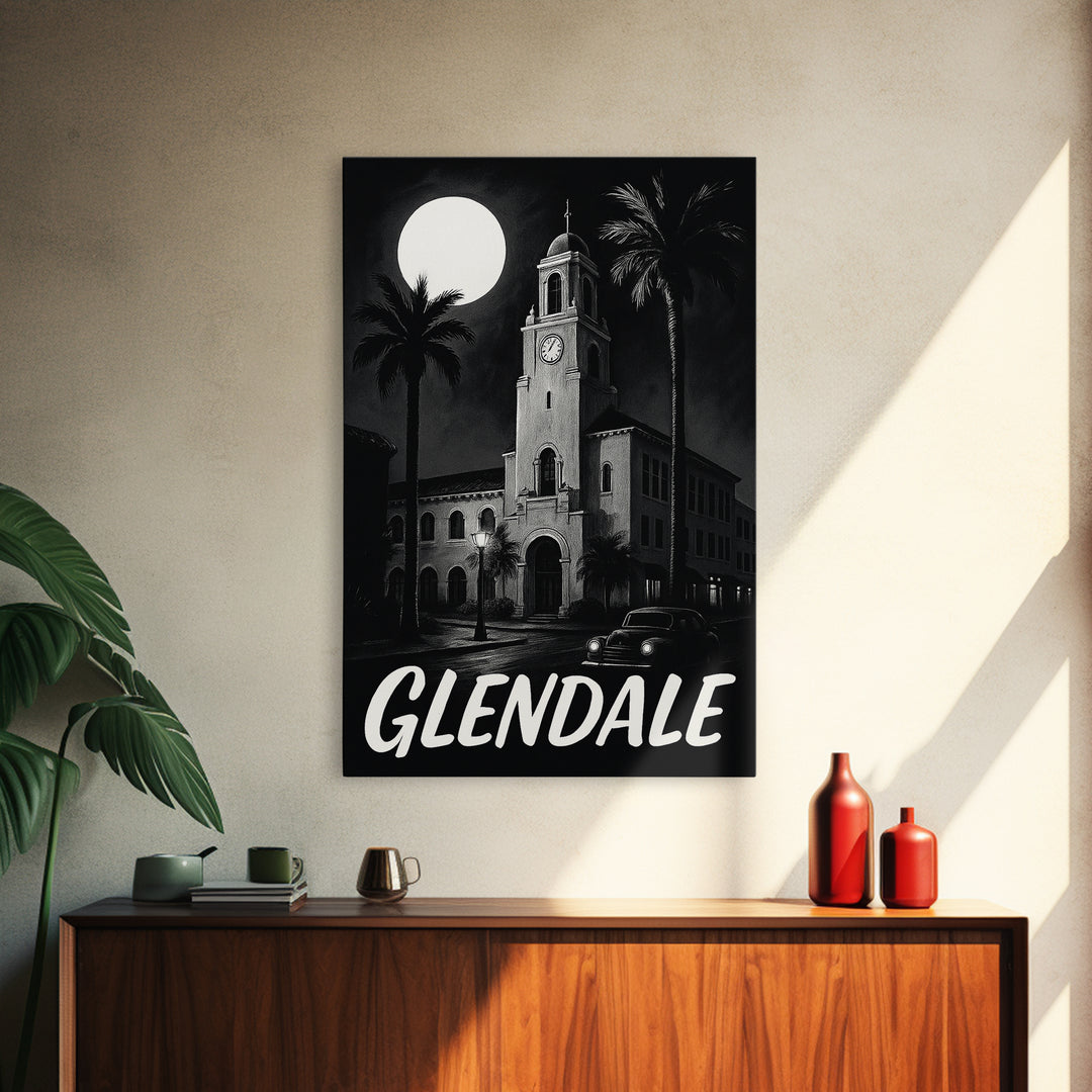 Glendale Travel Poster, Framed Canvas Print, Night Street Poster Art, Glendale City Art, Wanderlust Decor, Travel Wall Decor, Design 4