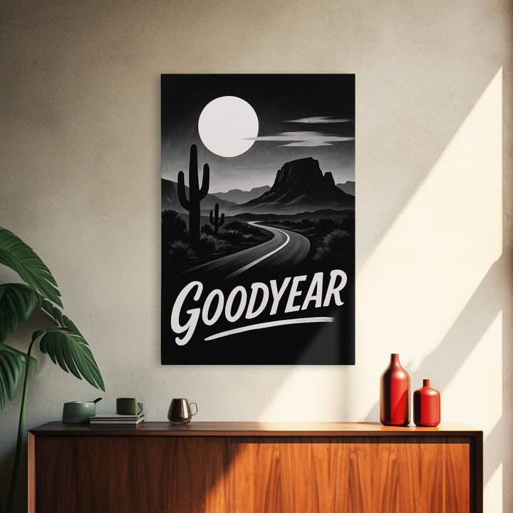 Goodyear Travel Poster, Framed Canvas Print, Vintage Noir Poster Art, Goodyear Travel Art, Living Room Wall Art, Mid Century Wall Art