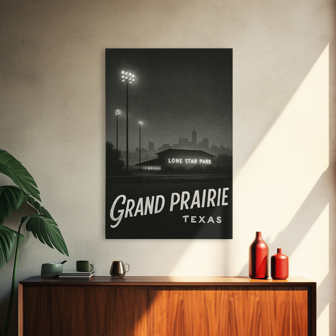 Grand Prairie Texas Travel Poster, Canvas Print, Dark Moody City Wall Art, Grand Prairie Wall Art, Vintage City Poster, Vintage City Art