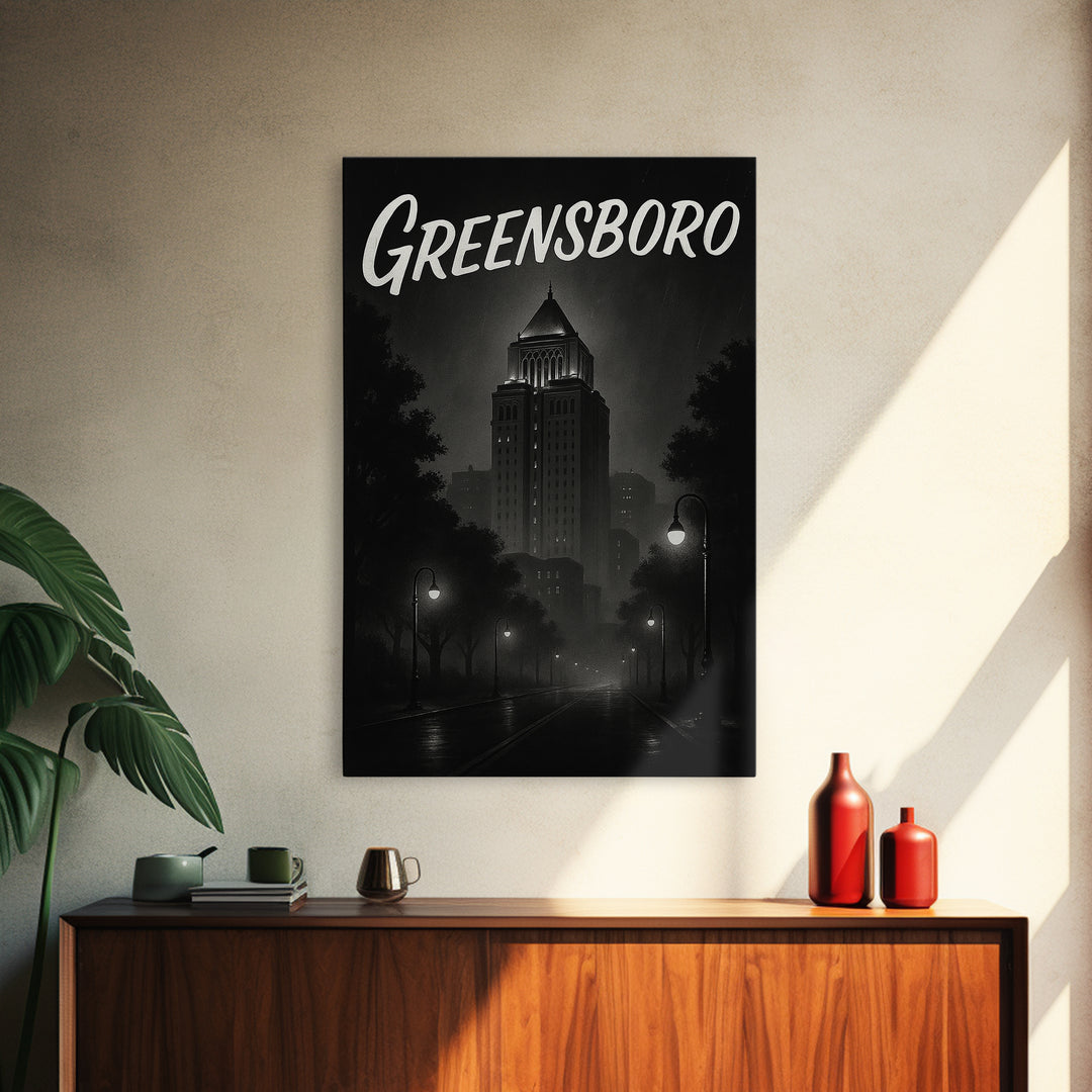 Greensboro Travel Poster, Framed Canvas Print, Black And White Travel Art, Greensboro Poster Print, Living Room Wall Art, Home Office Decor
