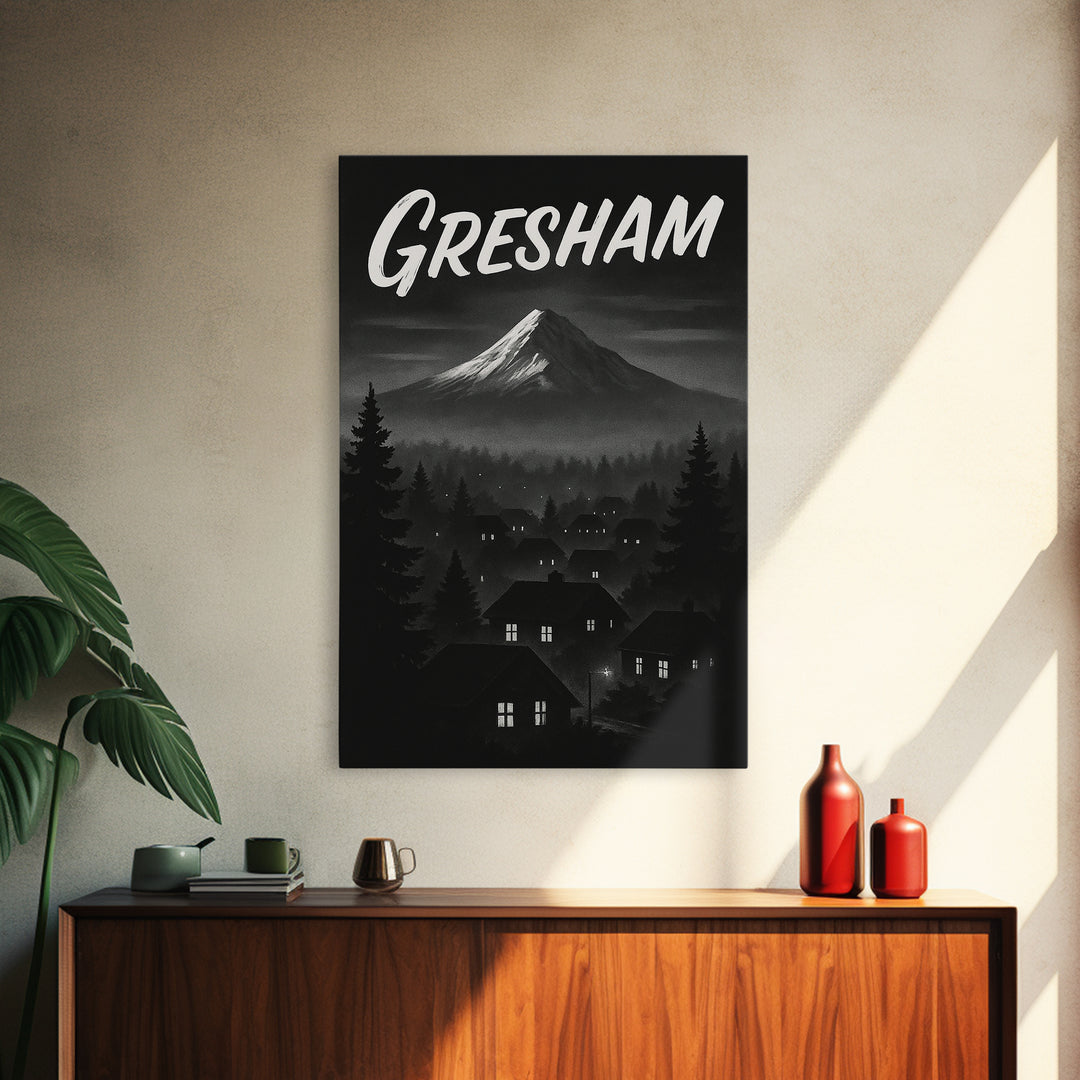Gresham Oregon Travel Poster, Framed Canvas Print, Black And White Travel Art, Gresham City Art, Vintage City Poster, Travel Wall Art