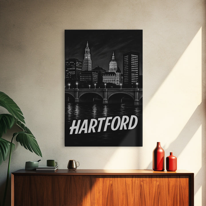 Hartford Connecticut Travel Poster, Framed Canvas Print, Dark Moody City Wall Art, Hartford Poster Print, Travel Art Print, Wanderlust Decor