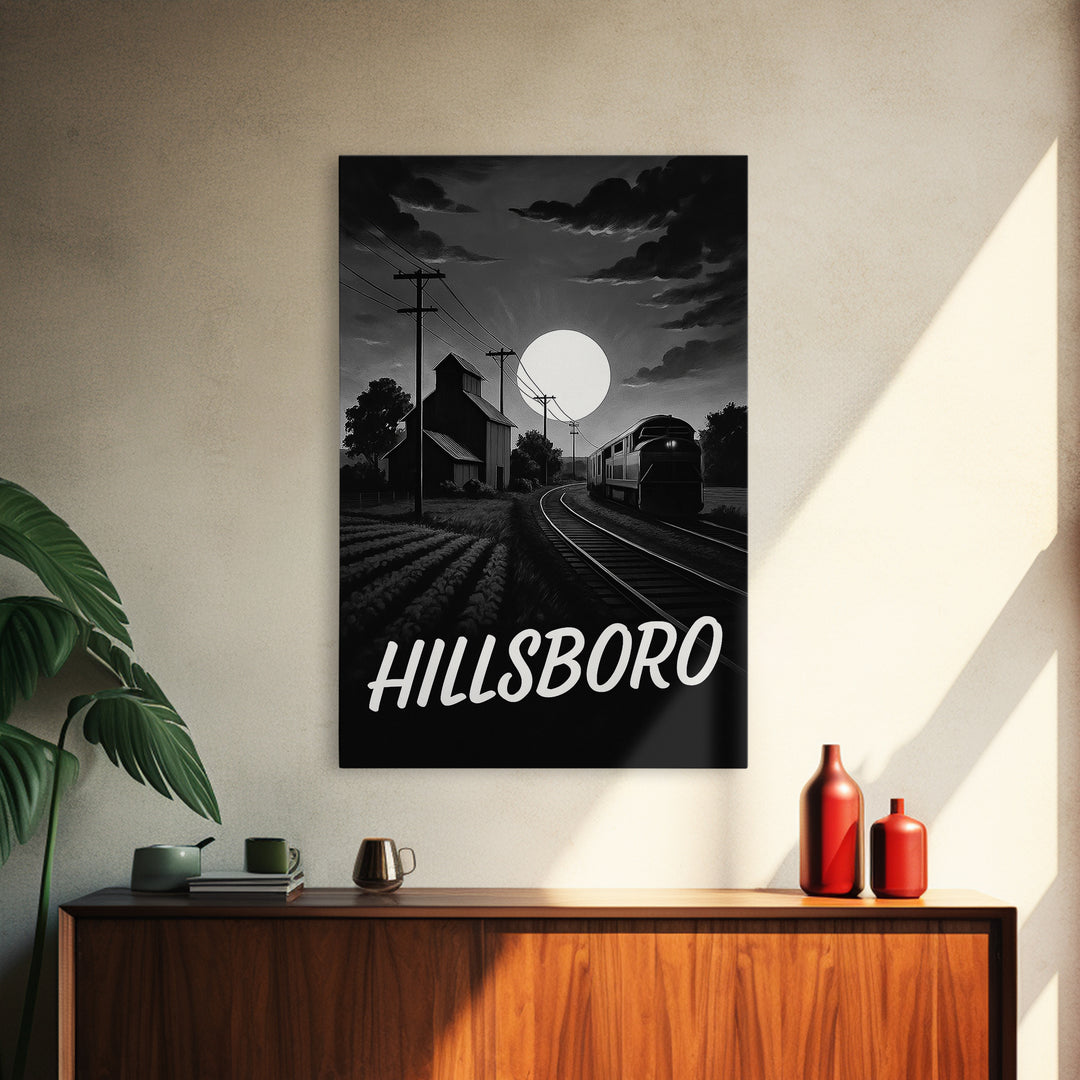 Hillsboro Travel Poster, Canvas Print, Dark Moody City Wall Art, Hillsboro Art Print, Living Room Wall Art, Vintage Travel Art