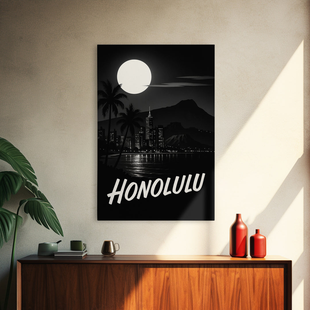 Honolulu Hawaii Travel Poster, Framed Canvas Print, Night Street Poster Art, Honolulu Travel Art, Home Office Decor, Modern Wall Decor