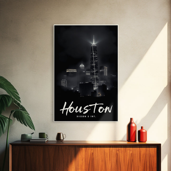 Houston Texas Travel Poster, Framed Canvas Print, Dark Moody City Wall Art, Houston City Art, Gift For Travelers, Living Room Wall Art