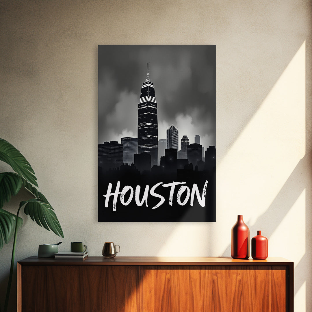 Houston Travel Poster, Framed Canvas Print, Black And White Travel Art, Houston Art Print, Retro Travel Print, City Travel Prints