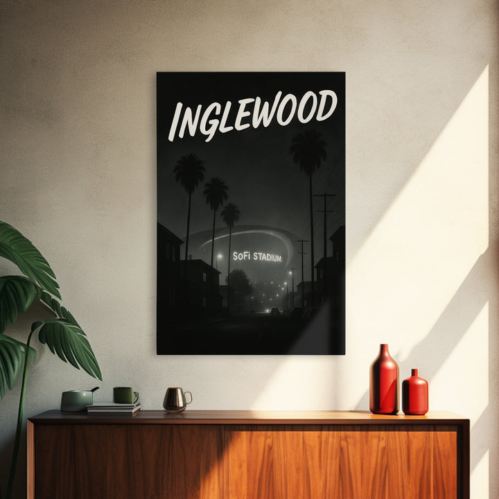 Inglewood California Travel Poster, Framed Canvas Print, Night Street Poster Art, Inglewood City Art, City Illustration, Vintage City Poster