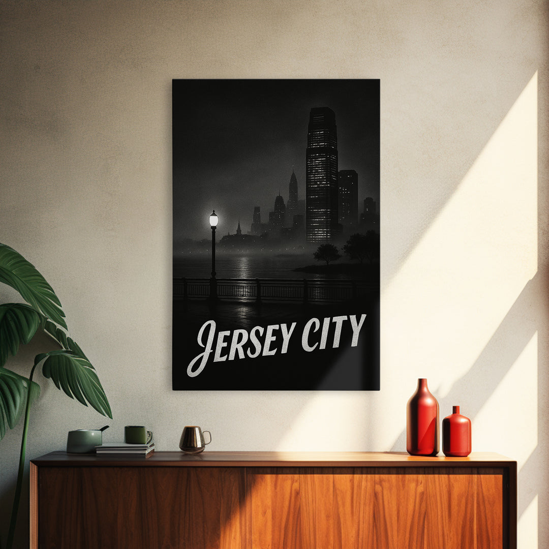 Jersey City Travel Poster, Framed Canvas Print, Vintage Noir Poster Art, Jersey City Wall Art, City Travel Prints, Vintage Travel Art