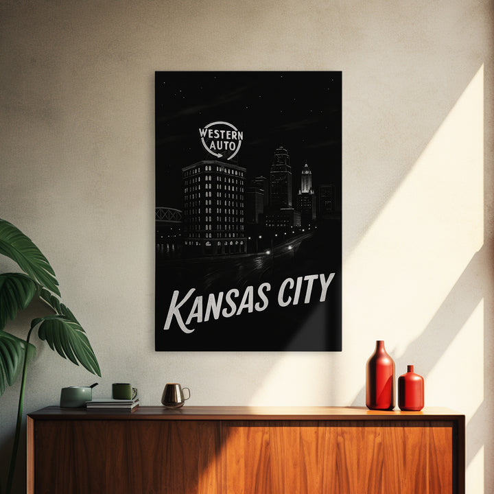 Kansas City Missouri Travel Poster, Canvas Print, Dark Moody City Wall Art, Kansas City Poster Print, City Illustration, Eclectic Wall Decor