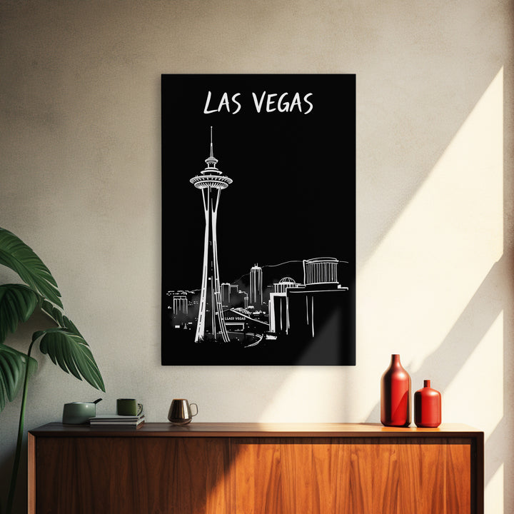 Las Vegas Travel Poster, Framed Canvas Print, Dark Moody City Wall Art, Las Vegas Wall Art, Mid Century Wall Art, Retro Travel Print