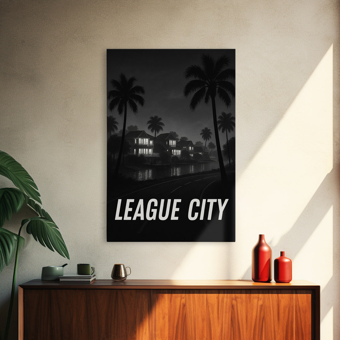 League City Texas Travel Poster, Framed Canvas Print, Night Street Poster Art, League City Art Print, Retro Travel Print, Travel Wall Art