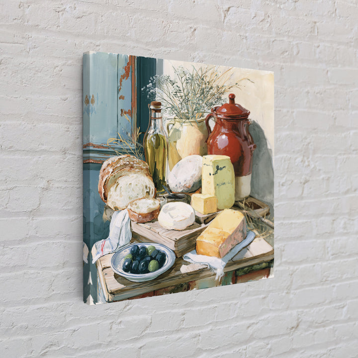 Rustic Bread Olives and Cheese Still Life Canvas Print, Dining Room Art, 3 Piece Wall Art, Dining Room Decor, Oil Painting, DRA-1x1-54