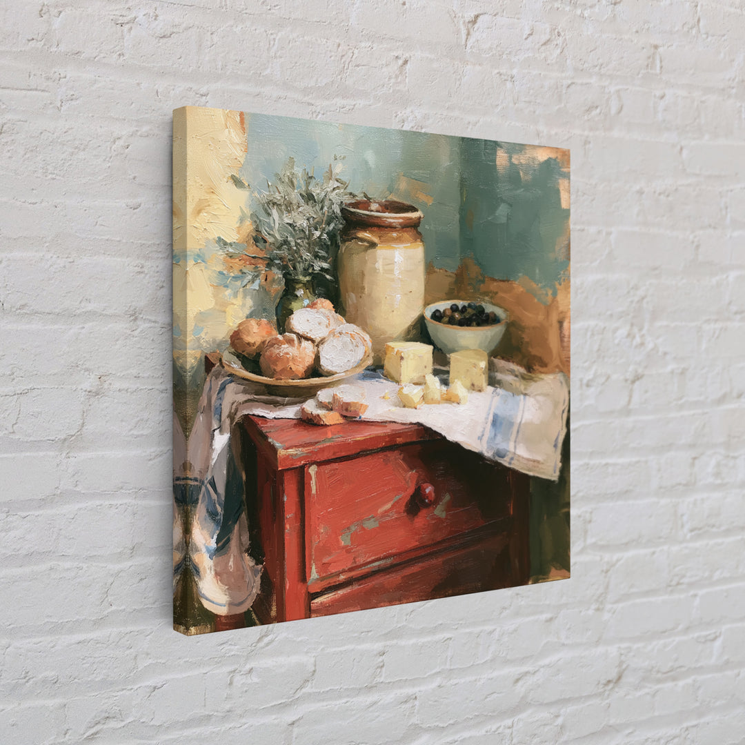 Rustic Bread Olives and Cheese Still Life Canvas Print, Dining Room Art, Living Room Decor, Dining Room Decor, Dining, DRA-1x1-6