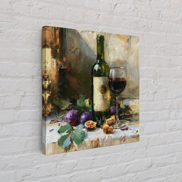Wine Bottle and Figs on a Linen Canvas Print, Dining Room Art, Gallery Decor, Dining Room Decor, Abstract Art, Dining, DRA-1x1-75