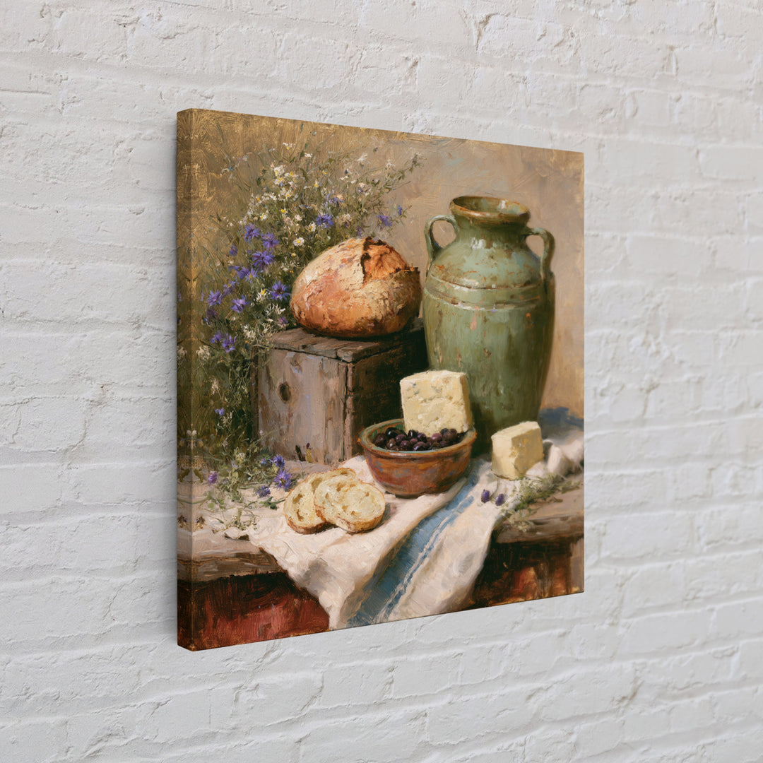 Rustic Bread Olives and Cheese Still Life Framed Canvas Print, Dining Room Art, Kitchen Prints, Dining Room Decor, Dining, DRA-1x1-78