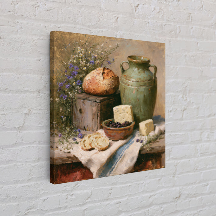 Rustic Bread Olives and Cheese Still Life Framed Canvas Print, Dining Room Art, Kitchen Prints, Dining Room Decor, Dining, DRA-1x1-78