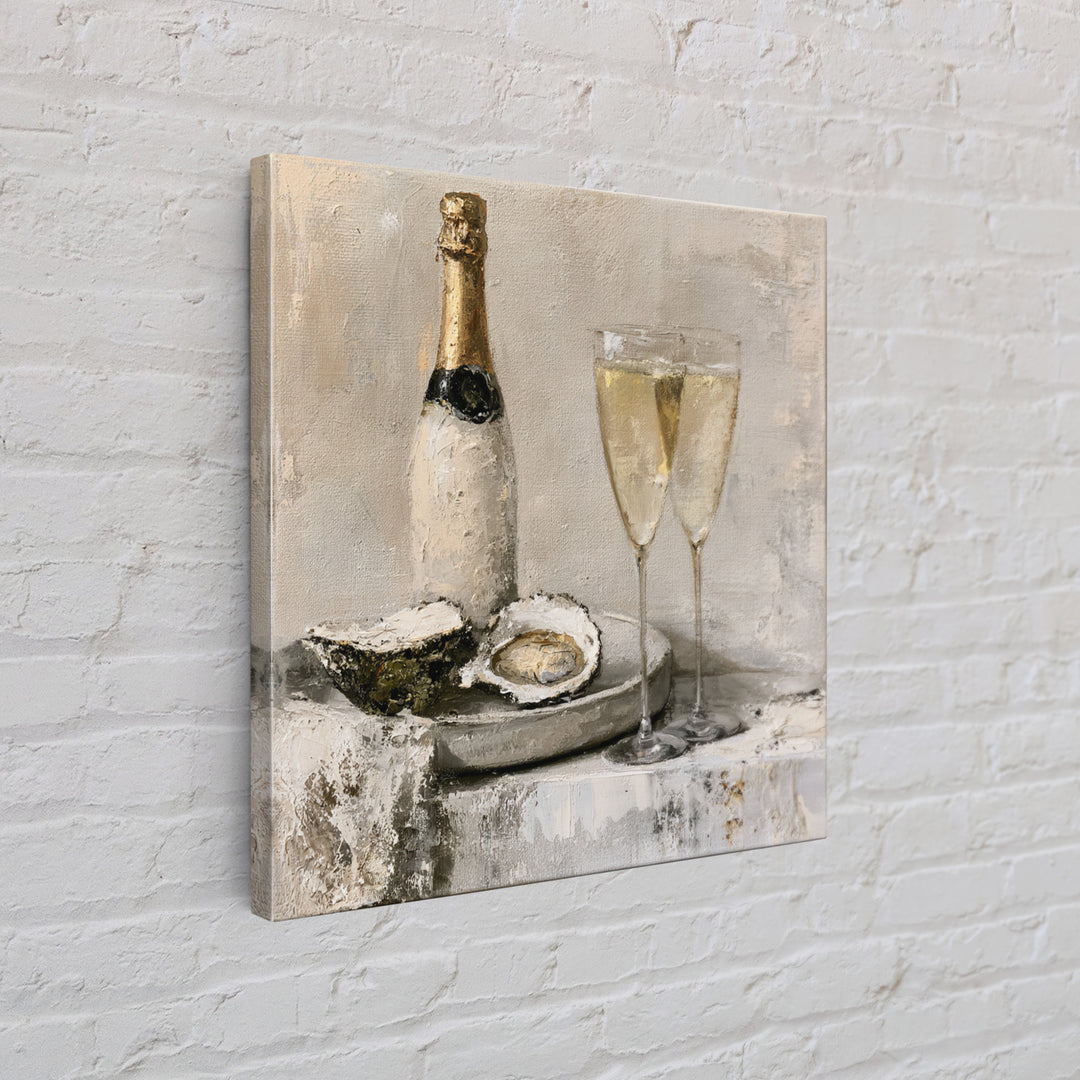 Elegant Oyster and Champagne Still Life Framed Canvas Print, Dining Room Art, Dining Room Decor, Oil Painting, Dining, DRA-1x1-79