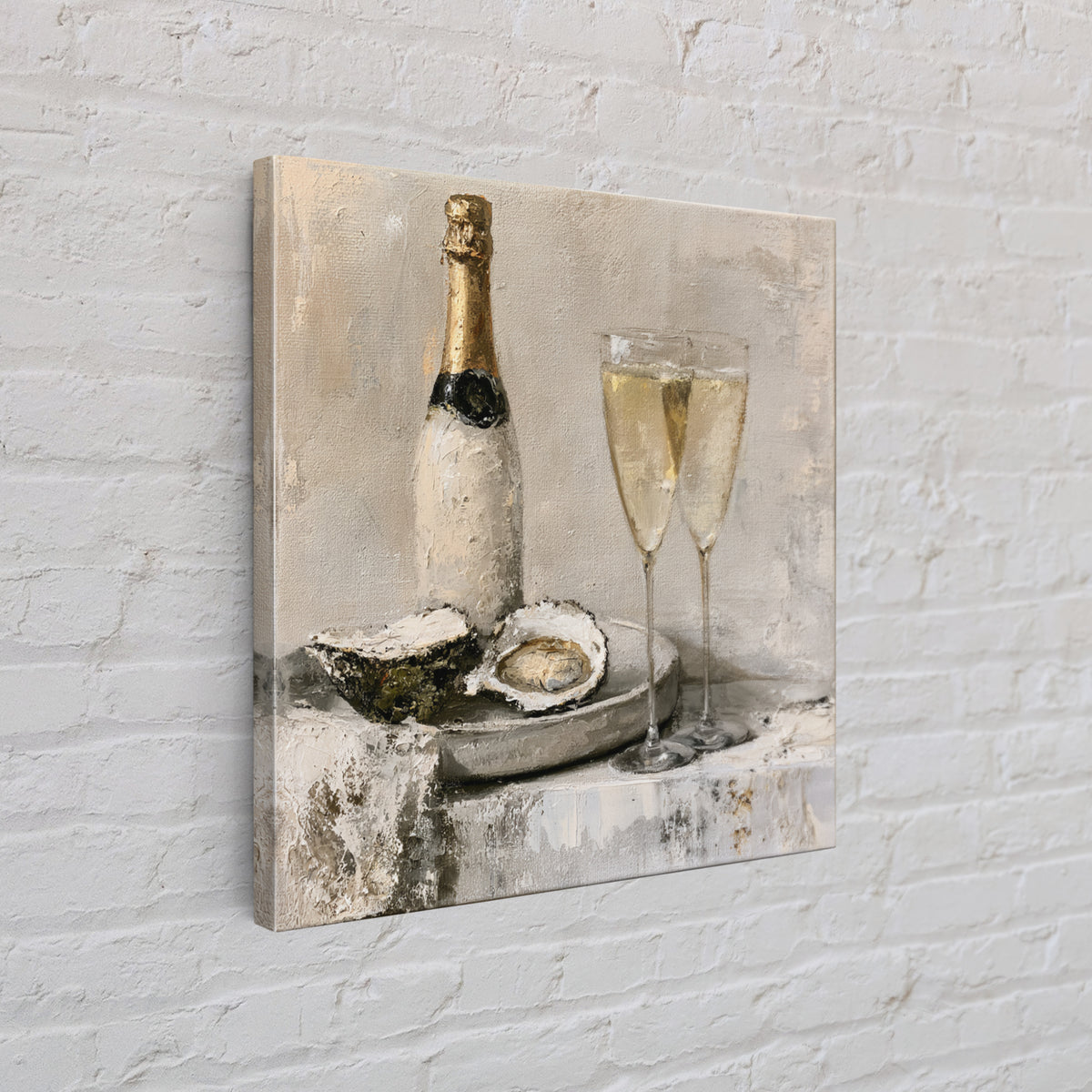 Elegant Oyster and Champagne Still Life Framed Canvas Print, Dining Room Art, Dining Room Decor, Oil Painting, Dining, DRA-1x1-79