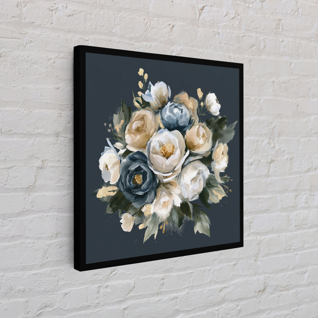 Moody Dark Background Bouquet for Formal Dining Framed Canvas Print, Dining Room Art, Neutral Decor, Dining Room Decor, Dining, DRA-1x1-83