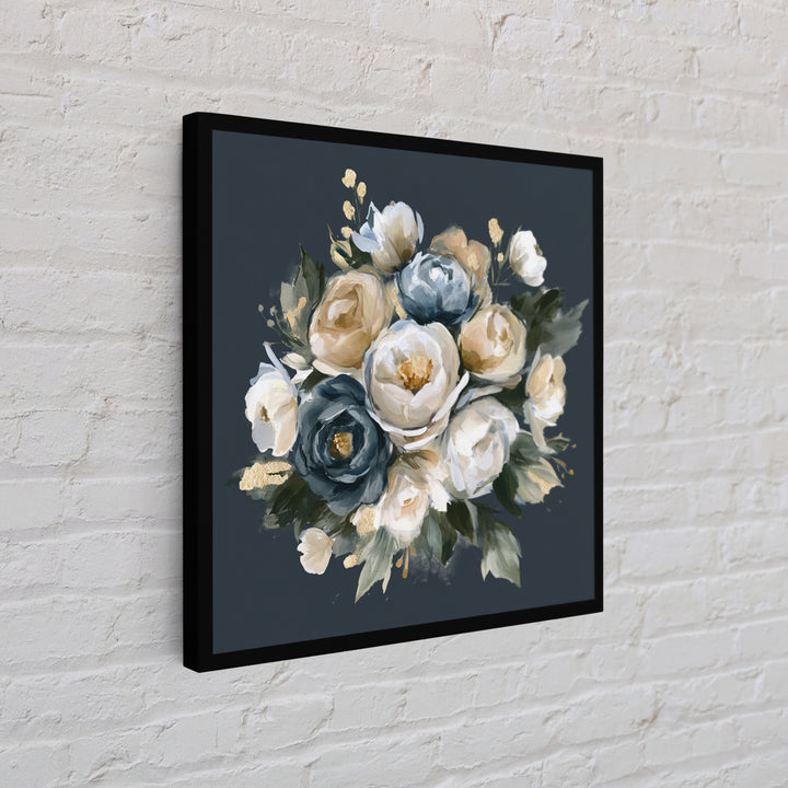 Moody Dark Background Bouquet for Formal Dining Framed Canvas Print, Dining Room Art, Neutral Decor, Dining Room Decor, Dining, DRA-1x1-83