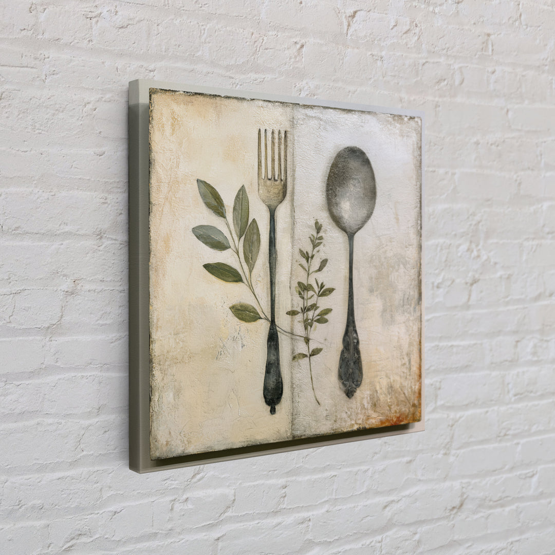 Minimal Fork Spoon and Herb Composition Canvas Print, Dining Room Art, Coastal Wall Art, Dining Room Decor, Fine Art, Dining, DRA-1x1-94