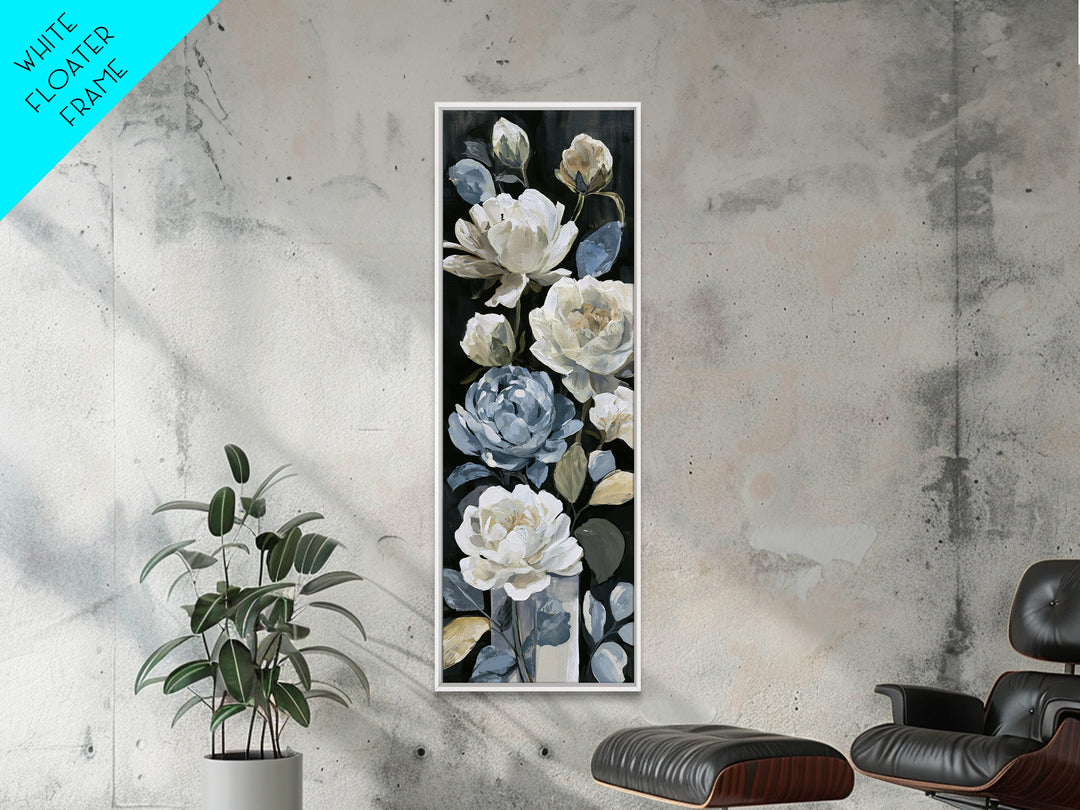 Moody Dark Background Bouquet for Formal Dining Framed Canvas Print, Dining Room Art, Kitchen Decor, Dining Room Decor, Dining, DRA-1x3-71