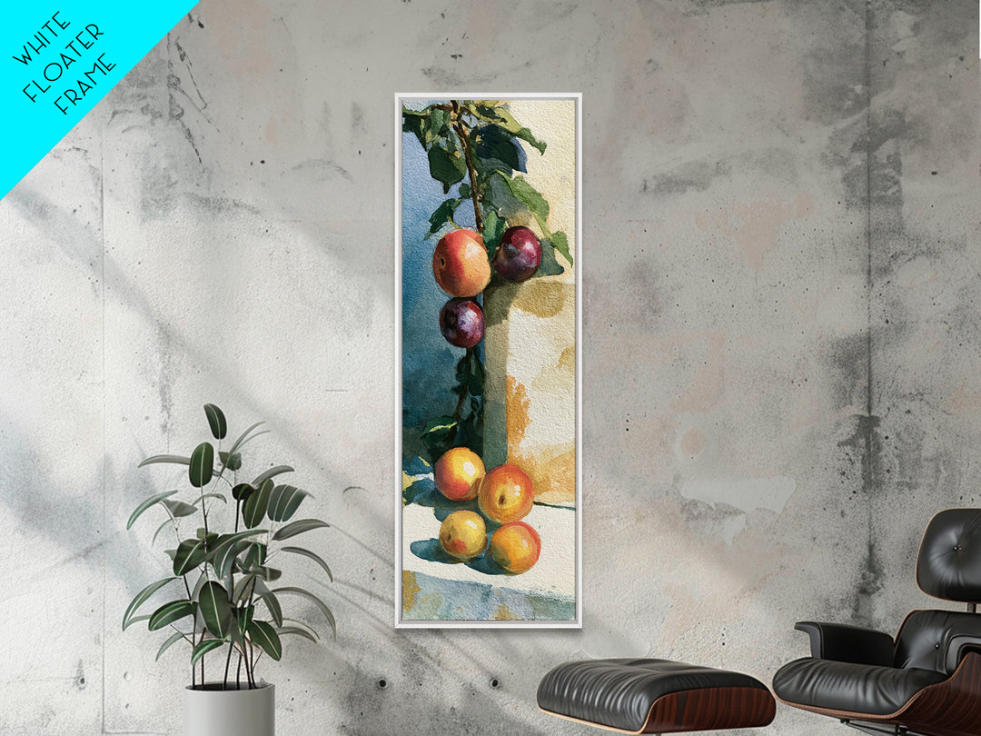 Peach and Plum Still Life Framed Canvas Print, Dining Room Art, Large Wall Art, Dining Room Decor, Dining, Watercolor Painting, DRA-1x3-80