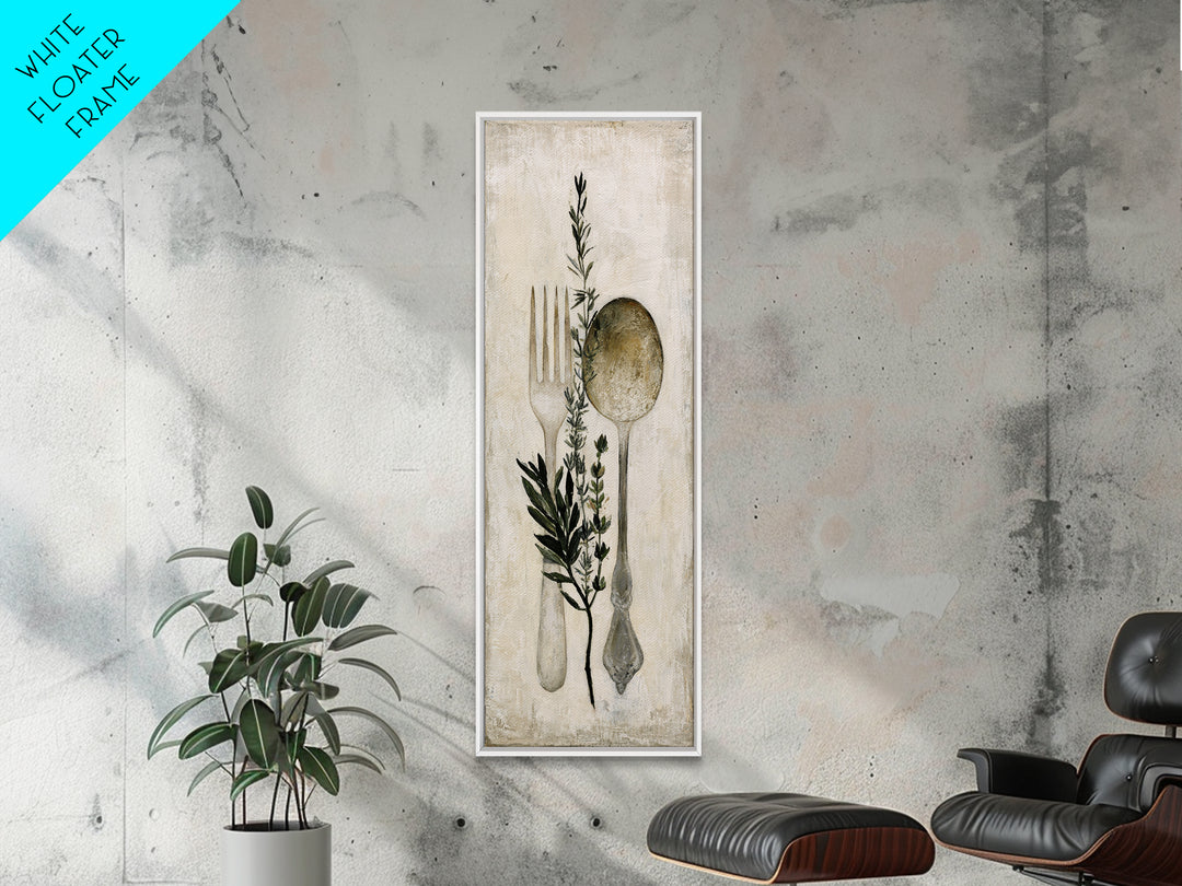 Minimal Fork Spoon and Herb Composition Canvas Print, Dining Room Art, Coastal Decor, Dining Room Decor, Oil Painting, Dining, DRA-1x3-82