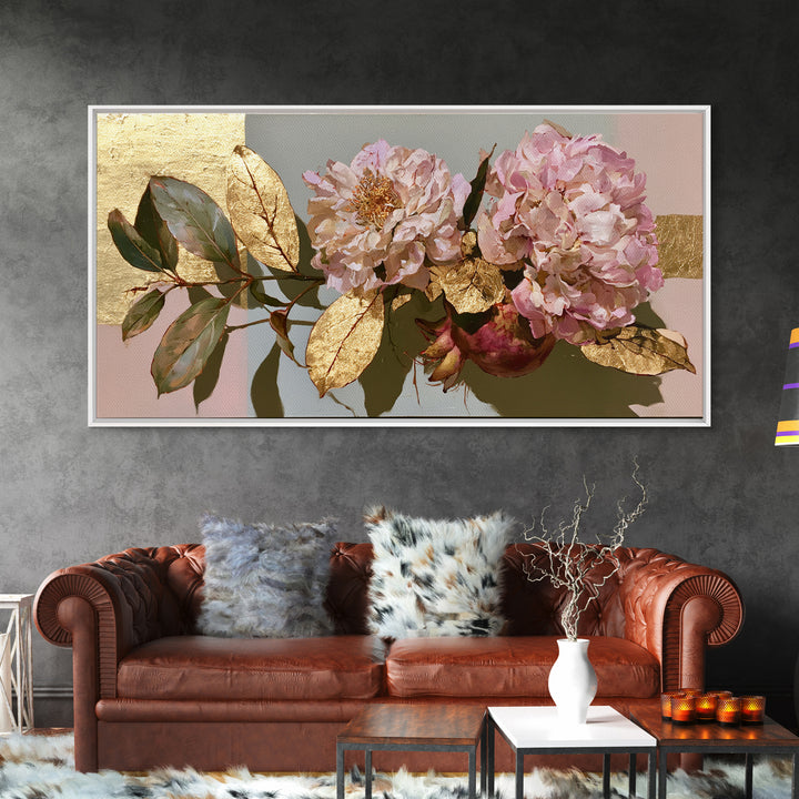 Pomegranate and Gold Leaf Botanical Study Canvas Print, Dining Room Art, Bedroom Wall Art, Dining Room Decor, Dining, DRA-2x1-100
