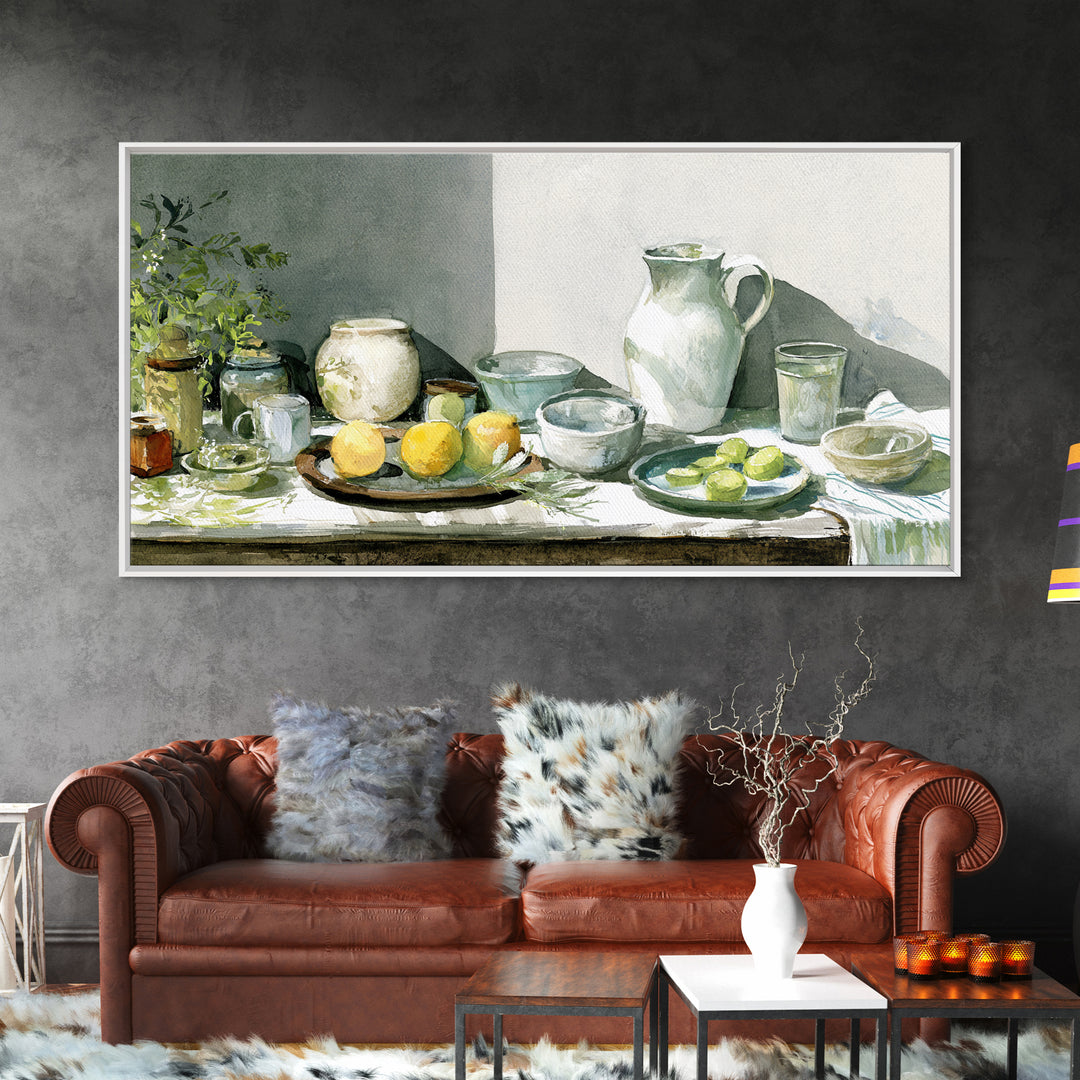 Sunlit Farmhouse Table Objects Without Room View Framed Canvas Print, Dining Room Art, Boho Decor, Dining Room Decor, Dining, DRA-2x1-13