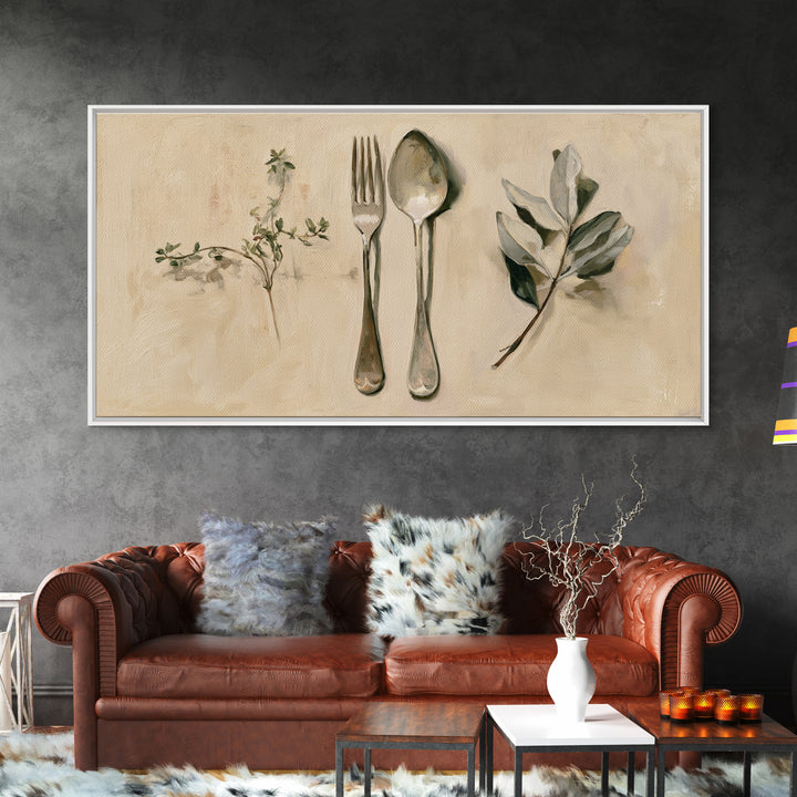 Minimal Fork Spoon and Herb Composition Framed Canvas Print, Dining Room Art, Gallery Decor, Dining Room Decor, Dining, DRA-2x1-18