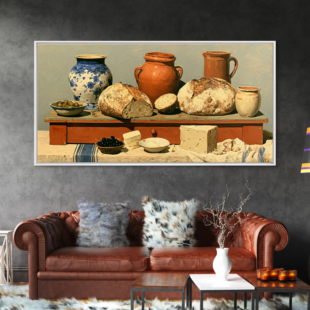Rustic Bread Olives and Cheese Still Life Canvas Print, Dining Room Art, Neutral Decor, Dining Room Decor, Abstract Art, Dining, DRA-2x1-2