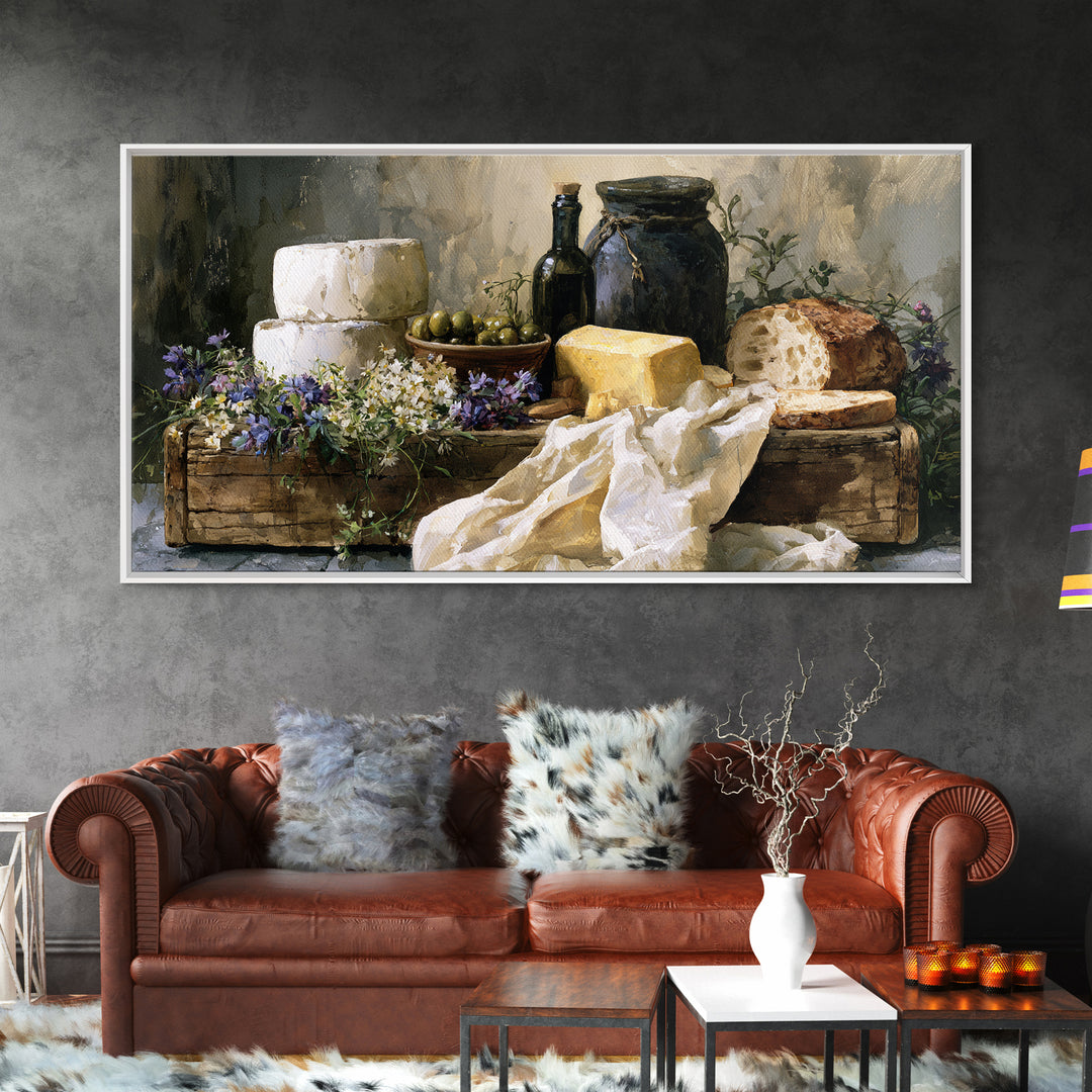 Rustic Bread Olives and Cheese Still Life Canvas Print, Dining Room Art, Neutral Decor, Dining Room Decor, Abstract Art, Dining, DRA-2x1-26