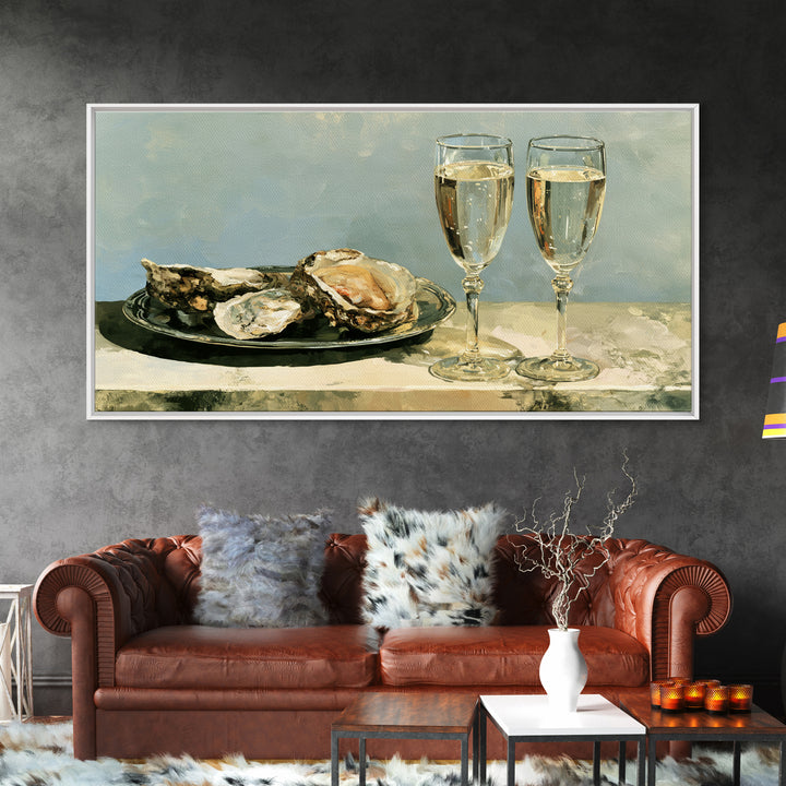 Elegant Oyster and Champagne Still Life Framed Canvas Print, Dining Room Art, Dining Room Decor, Oil Painting, Dining, DRA-2x1-27