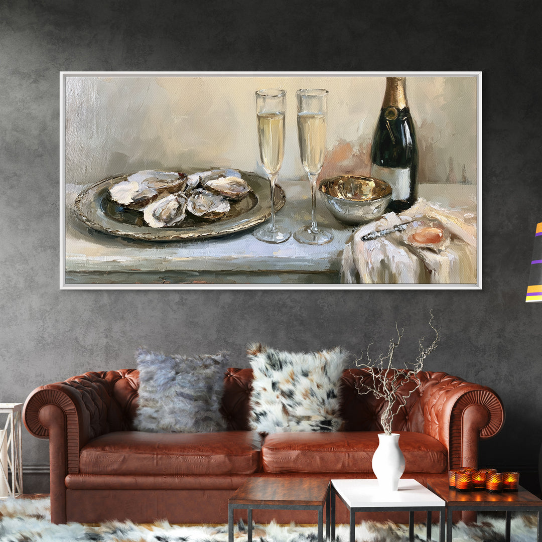 Elegant Oyster and Champagne Still Life Framed Canvas Print, Dining Room Art, Bedroom Decor, Dining Room Decor, Dining, DRA-2x1-3