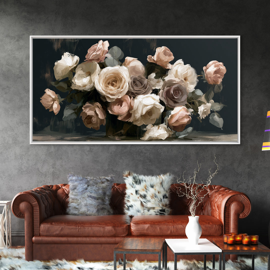 Moody Dark Background Bouquet for Formal Dining Canvas Print, Dining Room Art, Large Wall Art, Dining Room Decor, Dining, DRA-2x1-31