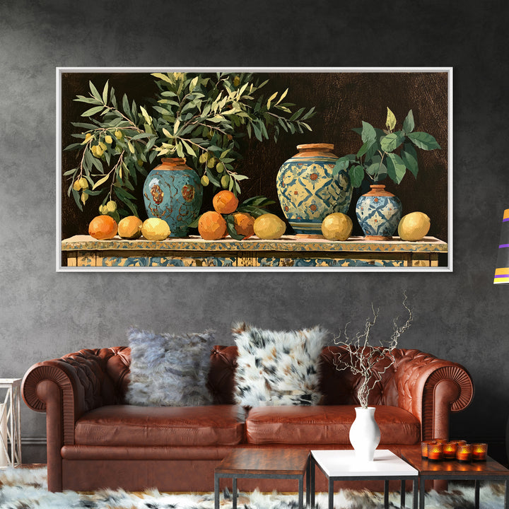 Mediterranean Olive Branch and Citrus Arrangement Canvas Print, Dining Room Art, Minimalist Decor, Dining Room Decor, Dining, DRA-2x1-32