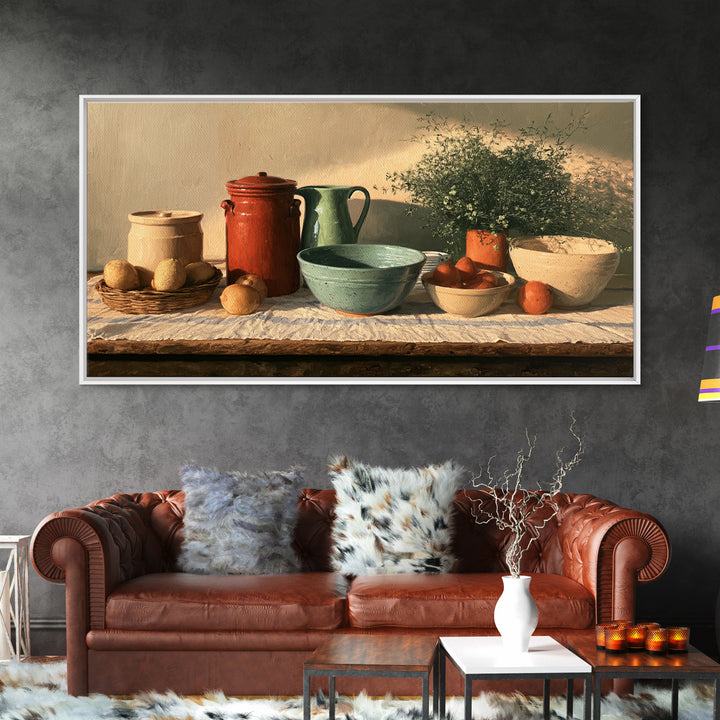 Sunlit Farmhouse Table Objects Without Room View Framed Canvas Print, Dining Room Art, Boho Decor, Dining Room Decor, Dining, DRA-2x1-37